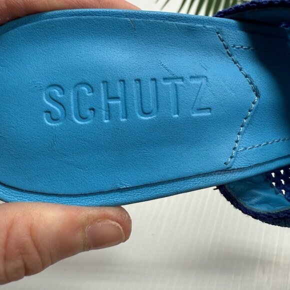 Schutz Blue Mesh Sinara Knit Heel Sandals 7B Square Toe Slip-On Summer Shoes - Picture 9 of 11